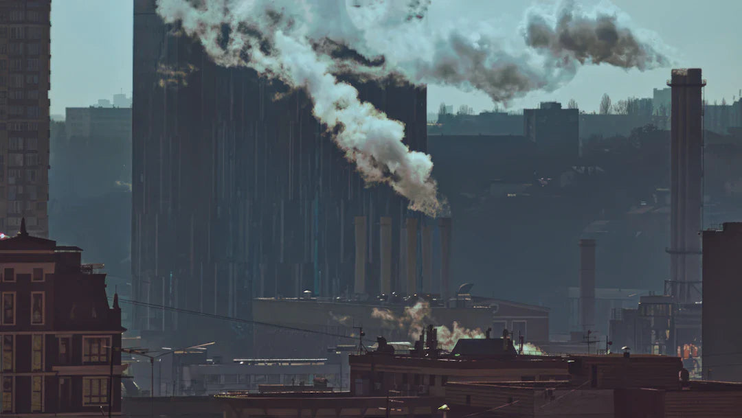 Cityscape with buildings emitting smoke illustrating urban centers and cultural shifts from industrialization