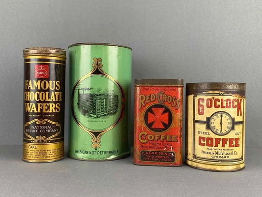 Four vintage advertising tins perfect for unique handmade gifts and vintage gift ideas
