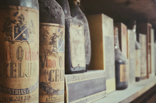Vintage wine bottle collection with aged beverage labels