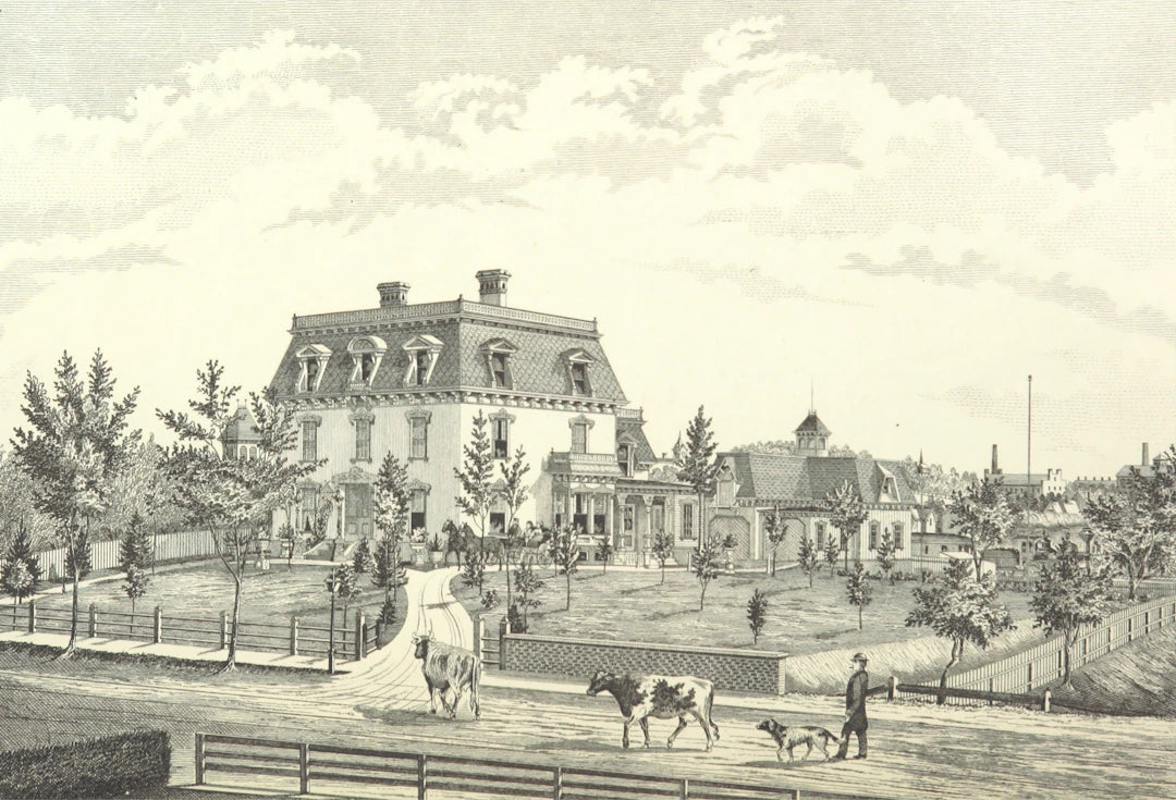 Grand Second Empire mansion with mansard roof, showcasing historic architecture in advertising evolution