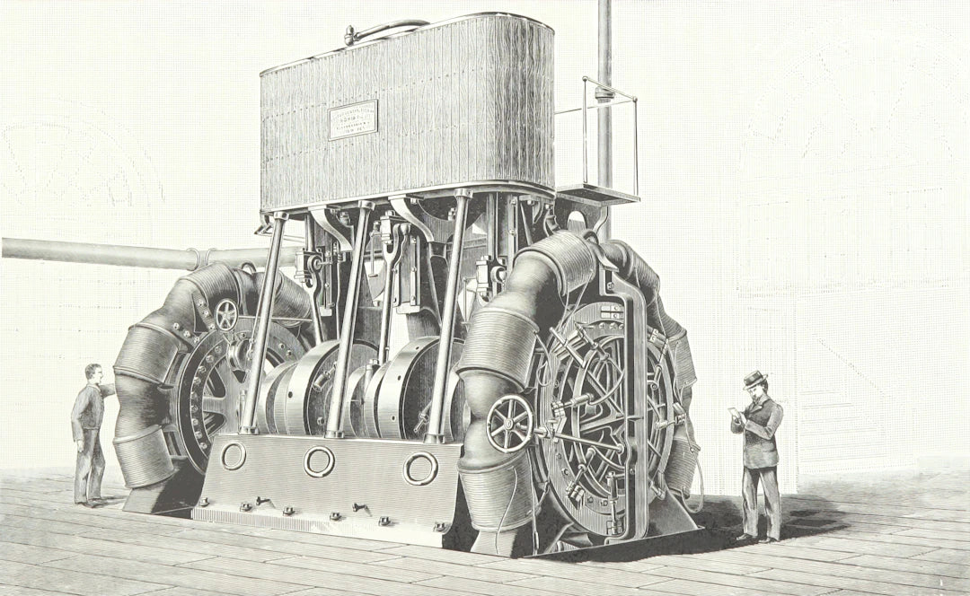 Industrial machine with tall housing and spoked wheels, showcasing early industrial policies