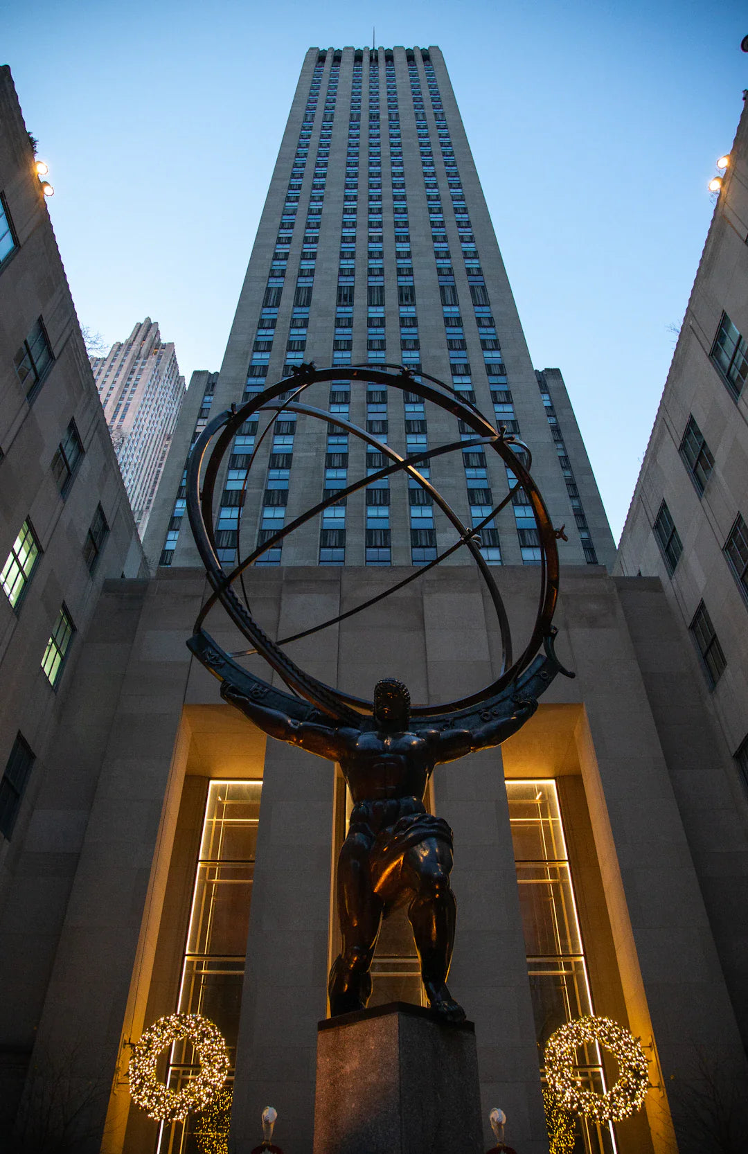 Bronze Atlas statue with celestial sphere in Rockefellers legacy