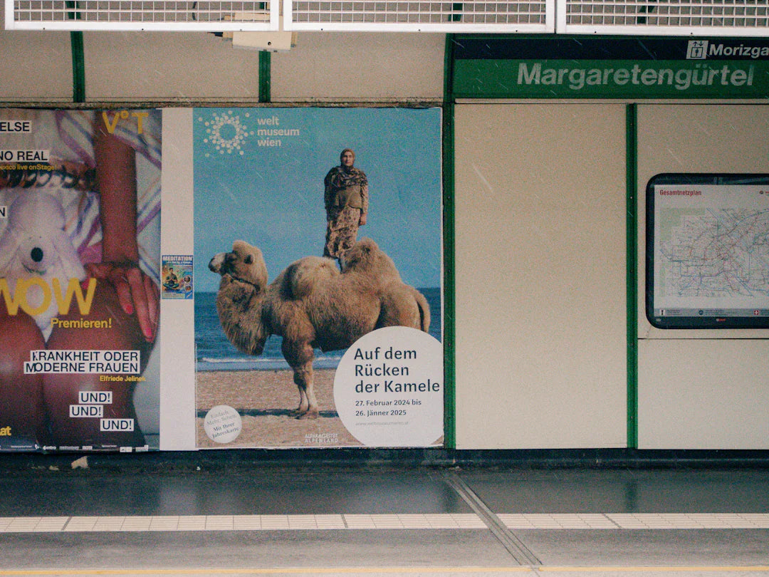 Subway station platform with ads showcasing effective brand narrative in content marketing