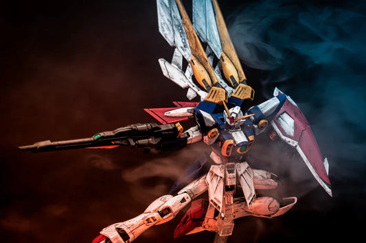 Winged Gundam model figure showcasing 90s pop culture and fashion trends