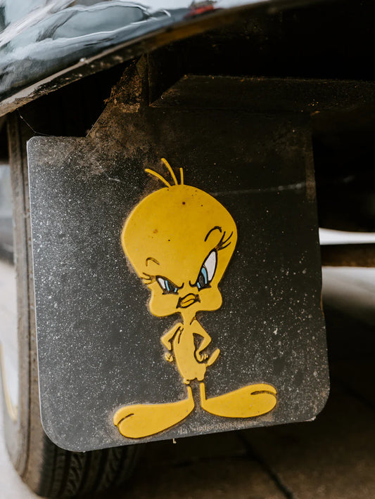 Mud flap with angry Tweety Bird, a vintage brand mascot for reviving vintage mascots