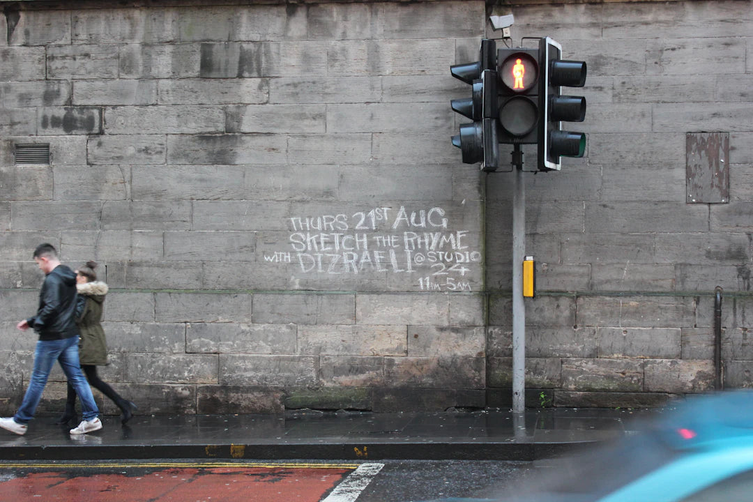 Pedestrian crossing with traffic light and yellow button in city treasure hunt scene