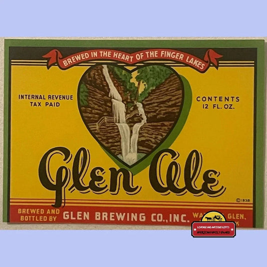 Vintage 1938 Glen Ale beer label from the Glen Brewing Company of Watkins Glen, New York, with a heart-shaped waterfall design on a yellow background.
