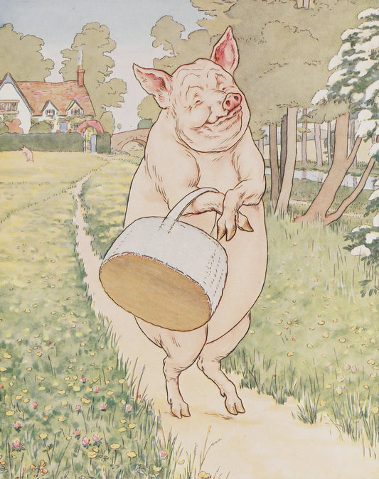 Anthropomorphic pig carrying basket in Vintage Mascots article, like M&Ms characters or Michelin Man