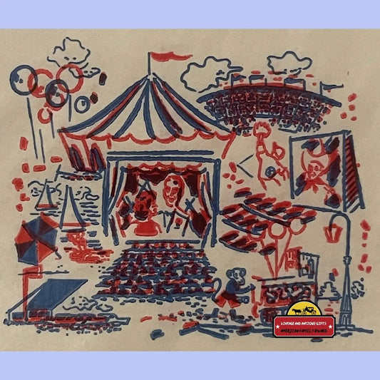 Vintage 1950s circus drawing with colorful red and blue tent
