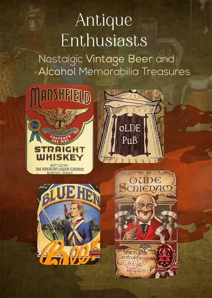 Vintage beer and spirits advertising memorabilia — nostalgic breweriana gift stack including labels, caps, and bar collectibles