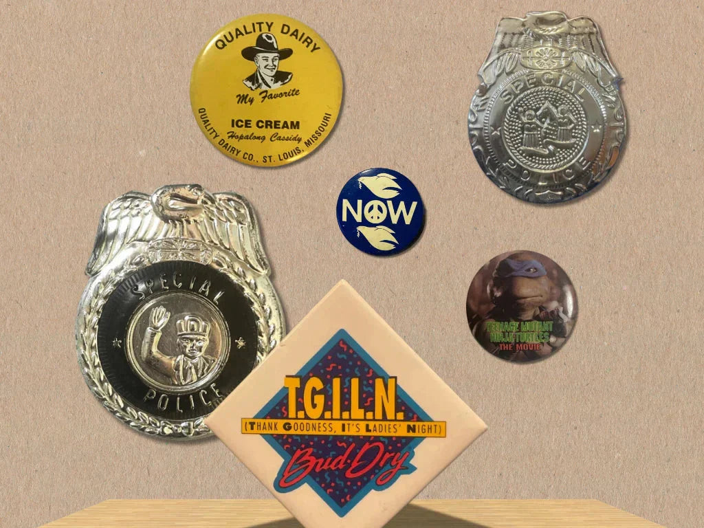 Vintage pins and entertainment memorabilia — political pinback buttons and badges from American history, NOS collection