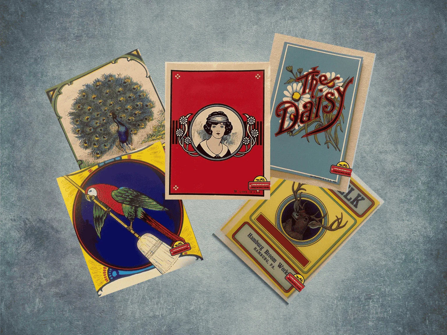 Vintage broom labels with animal and floral designs from early 1900s-1940s antique vintage broom collection