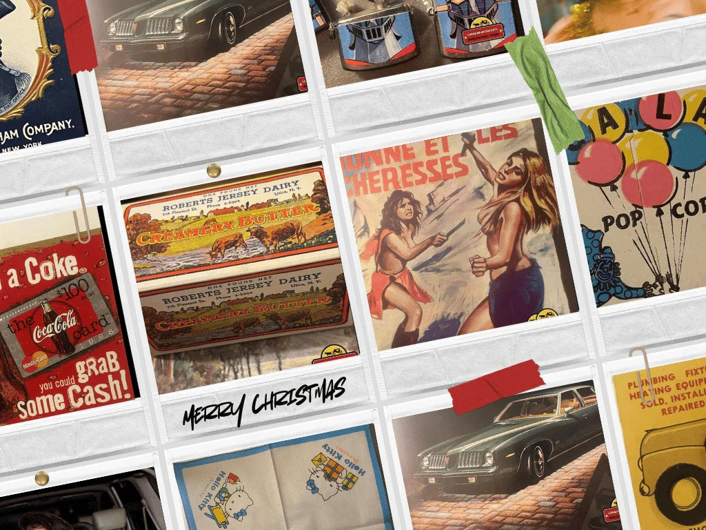 Collage of vintage ads showing unearth rare antique collectibles at Vintage and Antique Gifts