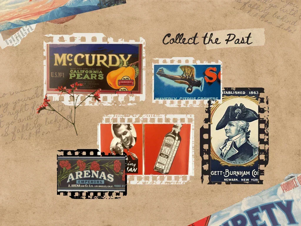 Vintage scrapbook collage with rare antique vintage Food Labels from a bygone era