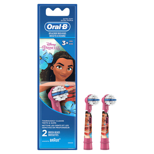 Oral-B Disney Princess Moana replacement brush heads packaging with two pink brush heads displayed beside the blue cardboard box.