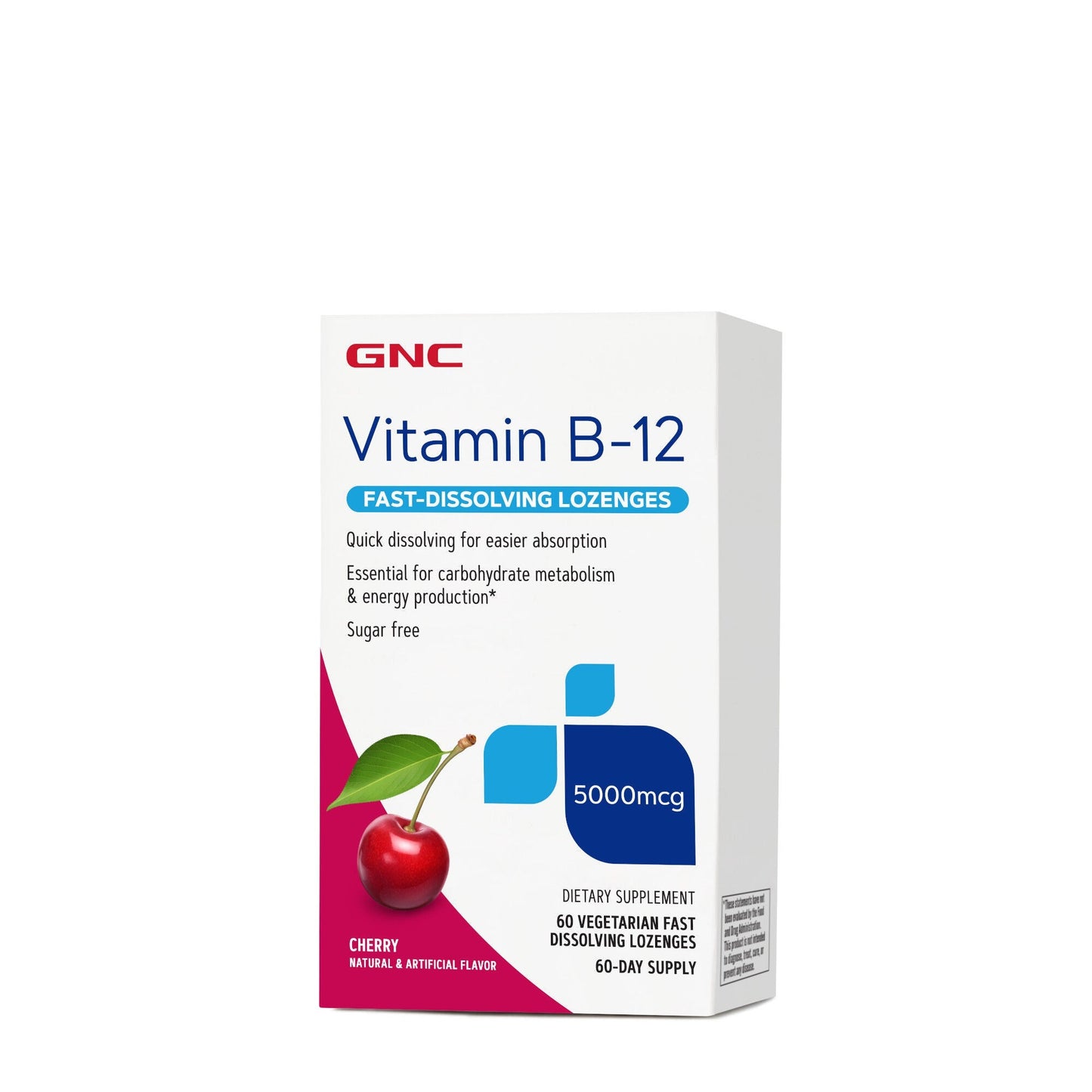 GNC Vitamin B-12 5000 mcg Lozenges, Cherry, 60 Count (Best By 3/2027)