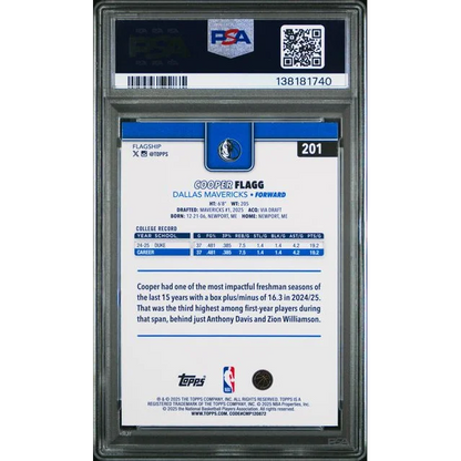 Graded 2025 Topps Cooper Flagg #201 Rookie RC Basketball Card PSA 10 Gem Mint | PSA 10 Gem Mint Graded Rookie Card | vintageantiquesgifts.com
