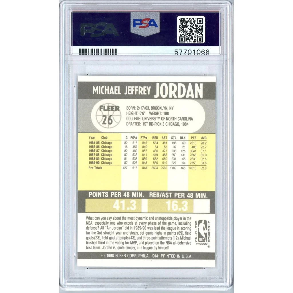 Graded 1990 Fleer Michael Jordan #26 PSA 9 mint card back with stats