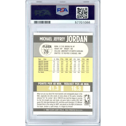 Graded 1990 Fleer Michael Jordan #26 PSA 9 mint card back with stats