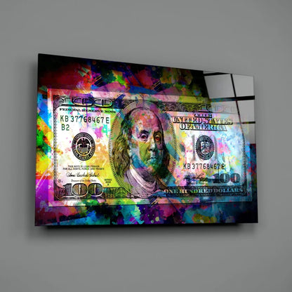 Vibrant abstract Benjamin Franklin $100 dollars glass wall art