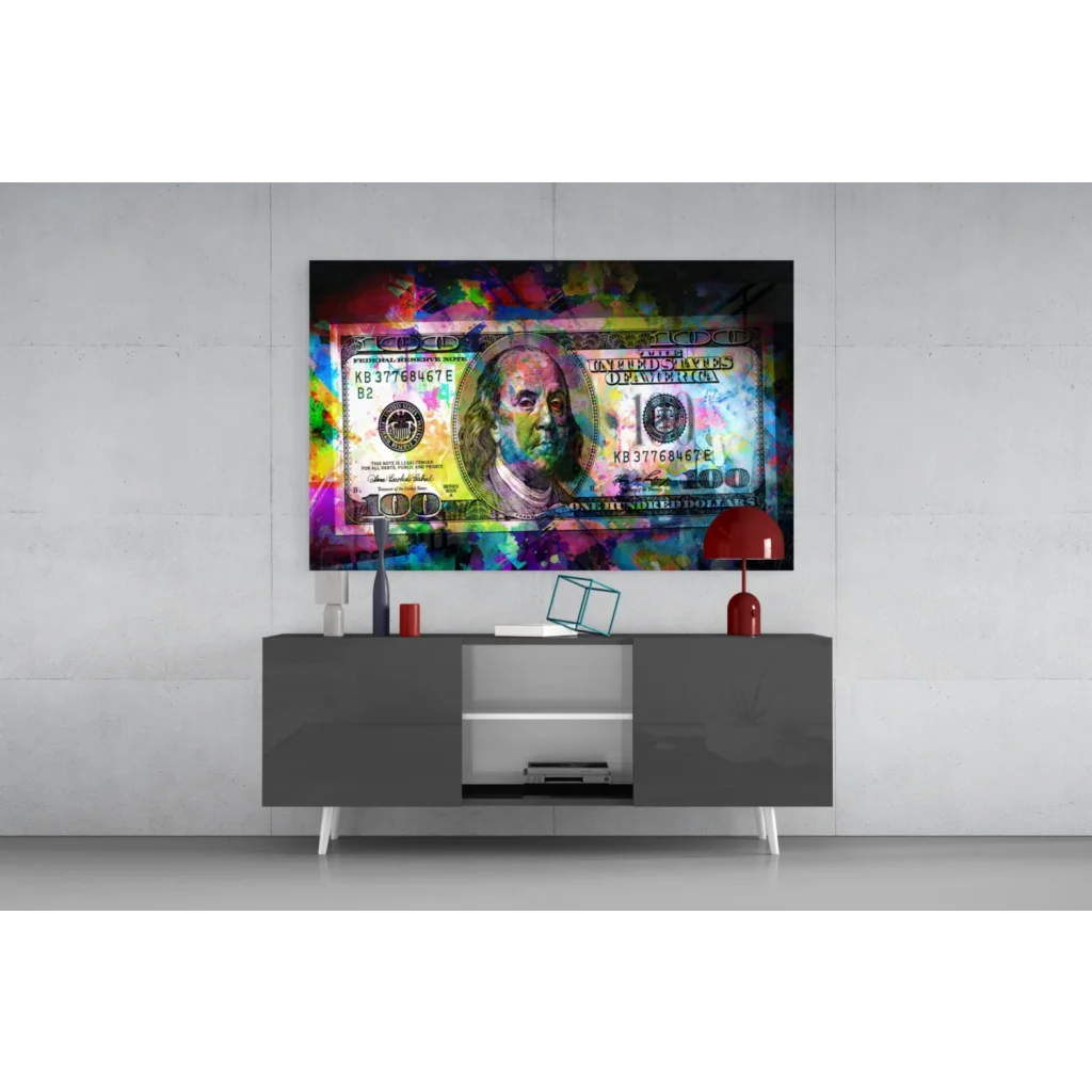 Vibrant abstract Benjamin Franklin $100 dollars glass wall art