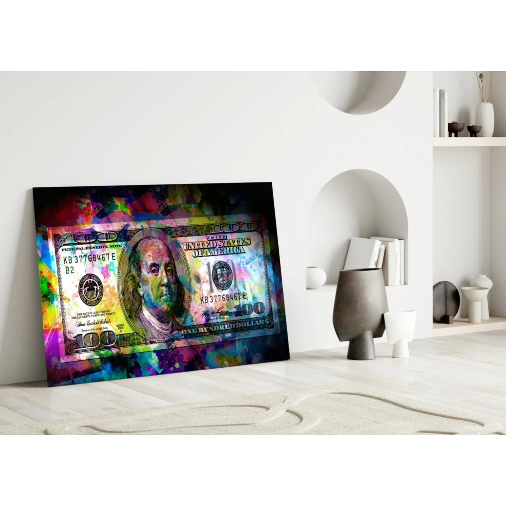Abstract Benjamin Franklin $100 bill on vibrant tempered glass wall art