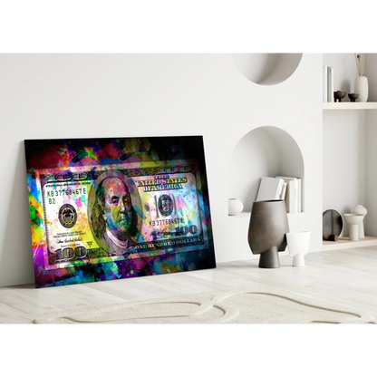 Abstract Benjamin Franklin $100 bill on vibrant tempered glass wall art