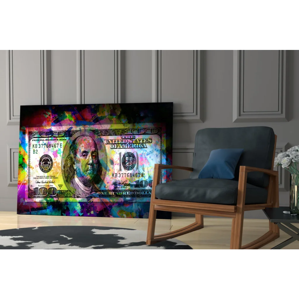 Abstract Benjamin Franklin $100 dollars glass wall art