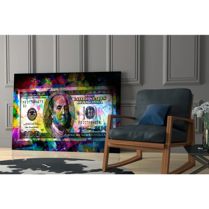 Abstract Benjamin Franklin $100 dollars glass wall art