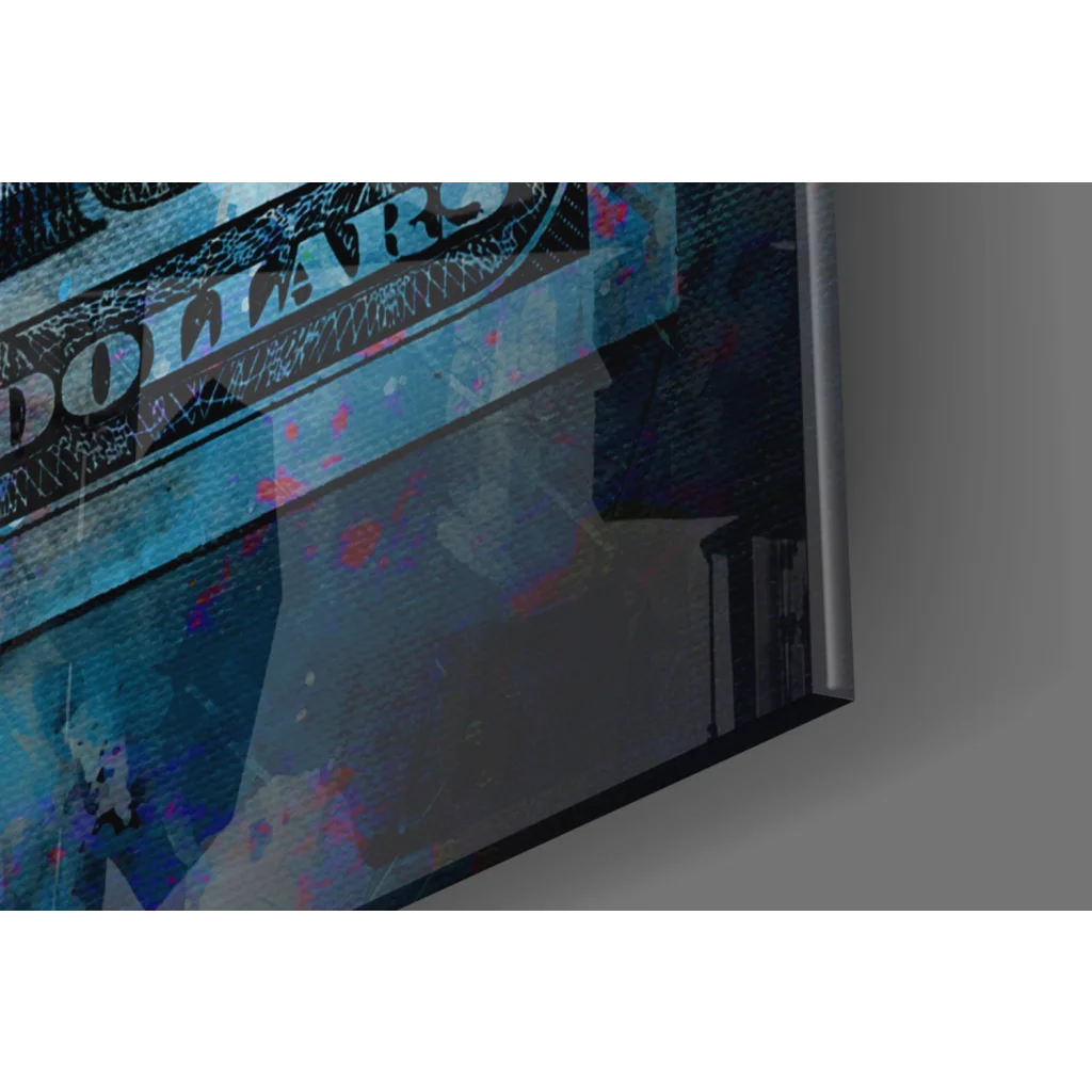 Benjamin Franklin tempered glass wall art in abstract blue graffiti design