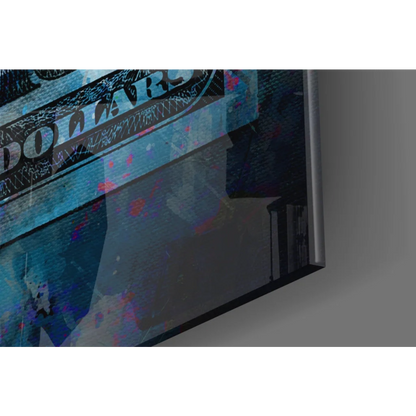 Benjamin Franklin tempered glass wall art in abstract blue graffiti design