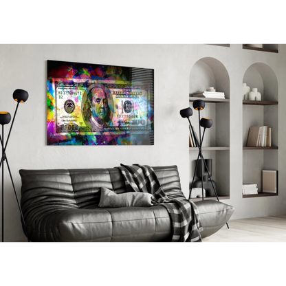 Abstract Benjamin Franklin $100 bill on vibrant tempered glass wall art