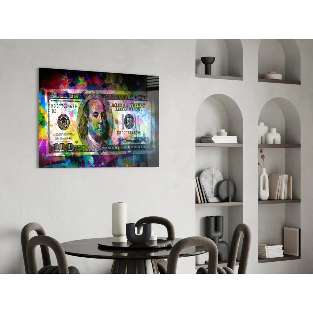 Vibrant abstract Benjamin Franklin $100 bill on tempered glass wall art