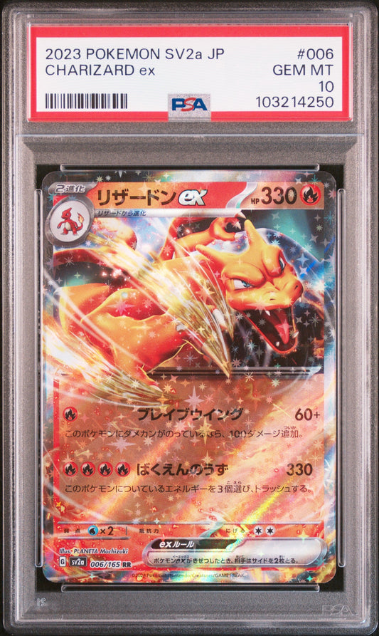 PSA-graded Japanese Charizard ex card in clear plastic slab displaying fiery artwork, HP 330, with red grading label showing GEM MT 10.