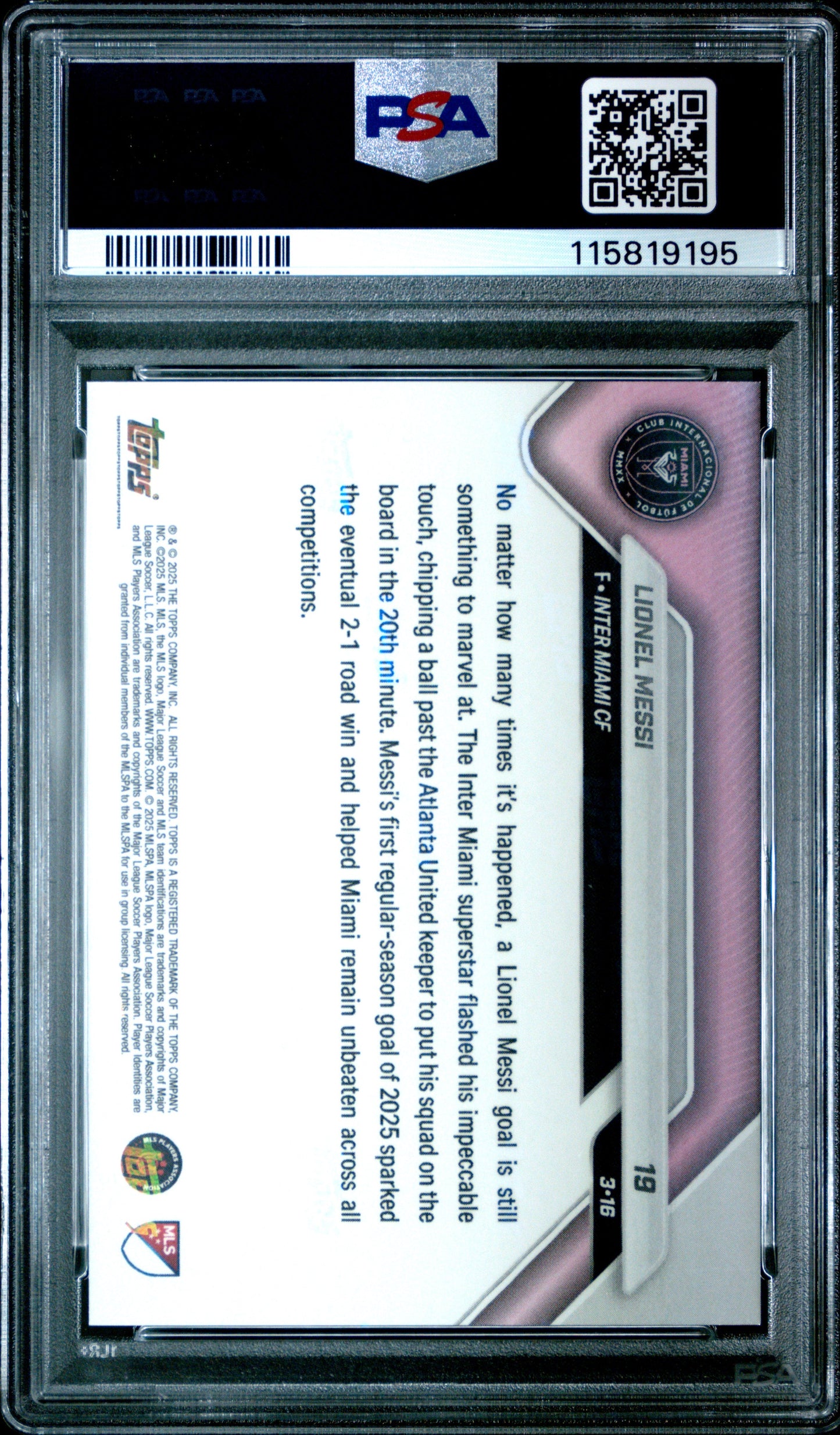 Graded 2025 Topps Now MLS Lionel Messi #19 Soccer Card PSA 10 Gem Mint
