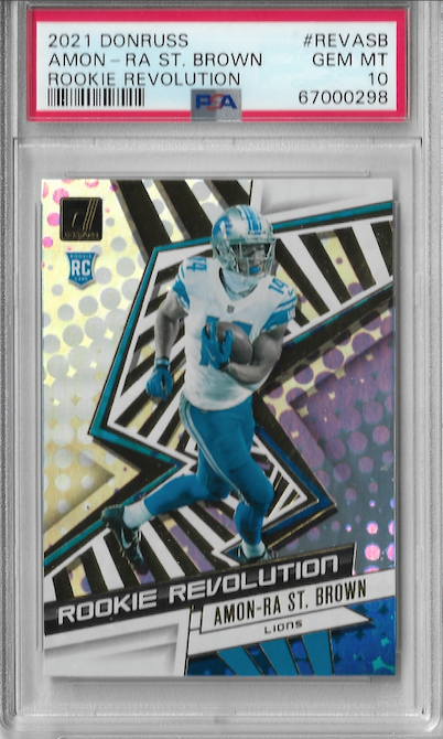 Front view of a PSA-graded card in a clear slab, showing a football player in a white and blue uniform.