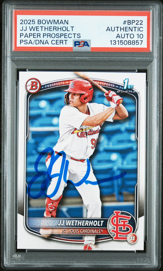 PSA-graded 2025 Bowman baseball card featuring JJ Wetherholt in St. Louis Cardinals uniform with blue autograph.