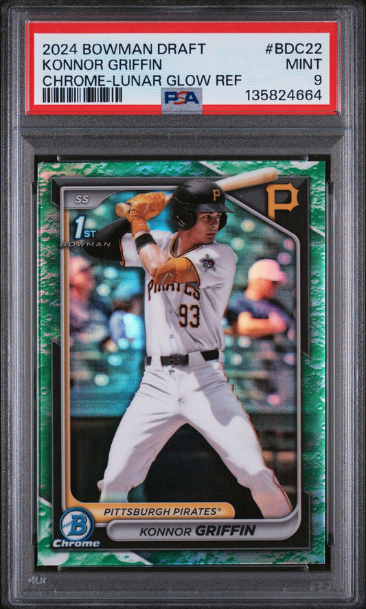 PSA-graded baseball card in clear plastic case showing Konnor Griffin in Pirates uniform batting stance with green lunar glow refractor border and red label strip.