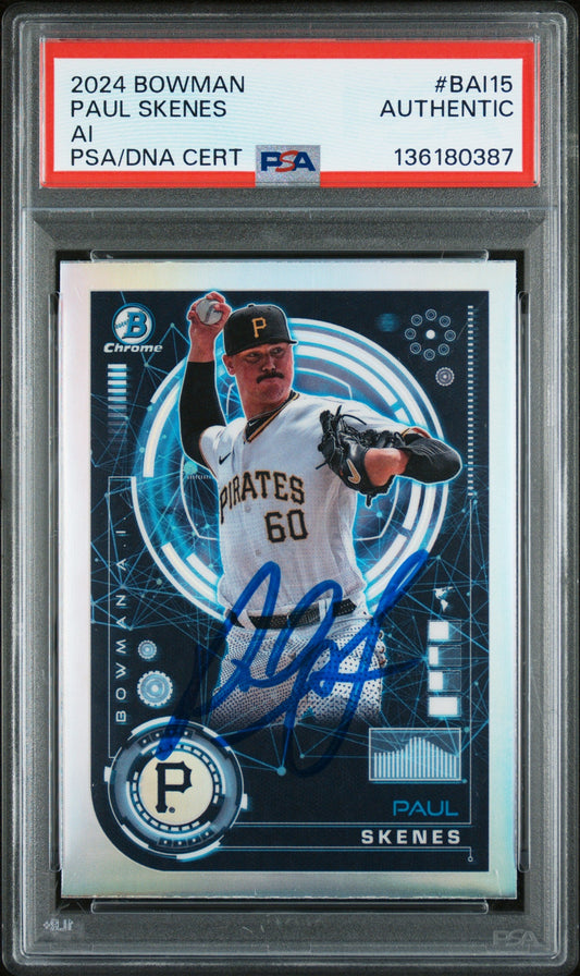 PSA-graded 2024 Bowman Chrome Paul Skenes rookie card in plastic holder showing signed Pirates uniform photo with blue autograph.