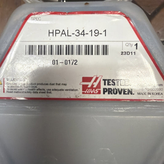 Sealed plastic packaging with red and white label showing product specification HPAL-34-19-1, barcode, and Haas "Tested Proven" branding.