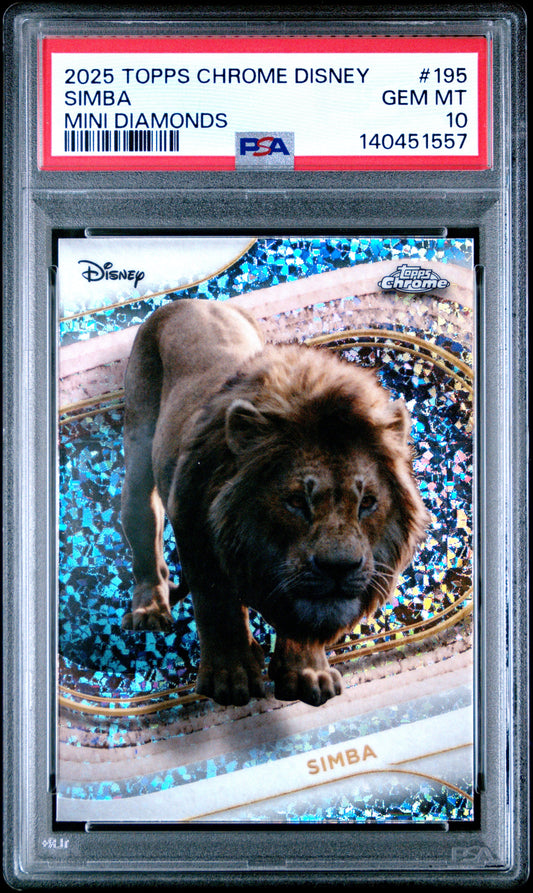 PSA graded trading card in clear case displaying Simba lion with blue and gold sparkled background design.