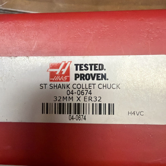 Red and white Haas packaging label showing ST Shank Collet Chuck specifications and barcode.