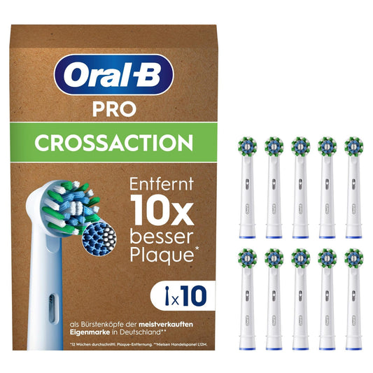 Oral-B Pro CrossAction toothbrush replacement heads packaging with ten white and green brush heads displayed on the right side.