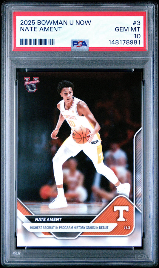 PSA-graded 2025 Bowman U Now Nate Ament rookie card in clear case with red label showing gem mint 10 rating.