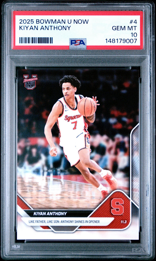 PSA-graded trading card in clear plastic holder displaying Kiyan Anthony in white Syracuse uniform dribbling basketball, with red border and player information visible.