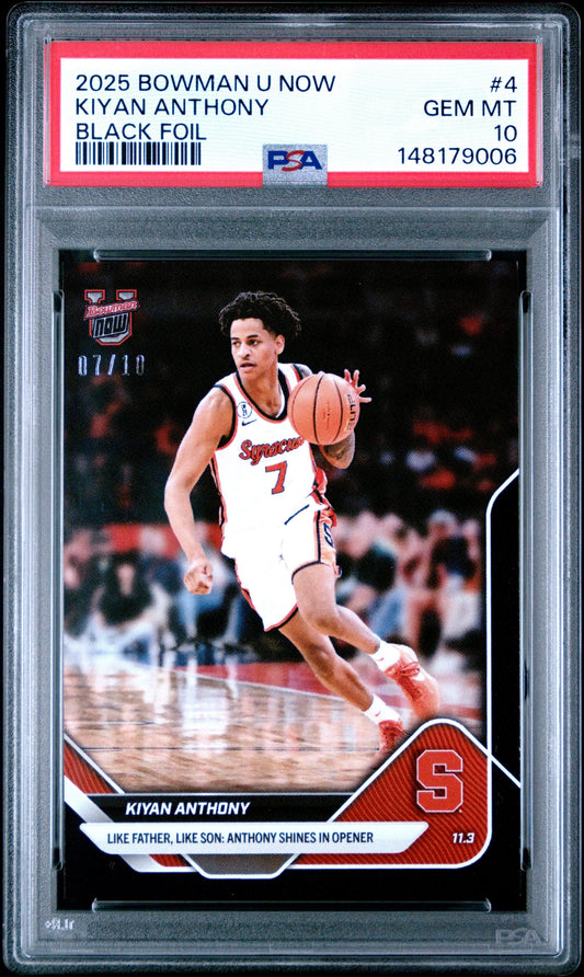 PSA-graded basketball card in clear case showing Kiyan Anthony in white Syracuse uniform dribbling basketball, with red foil border and black background.