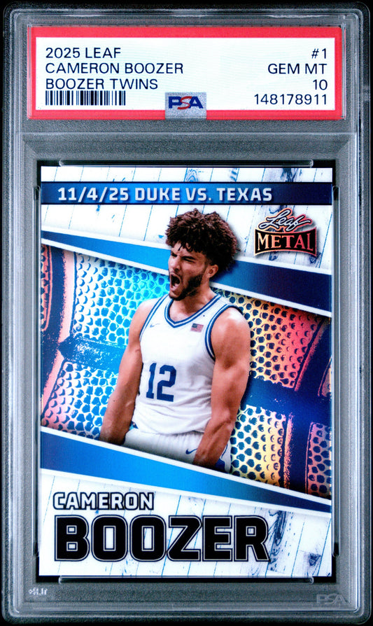 PSA-graded 2025 Leaf Cameron Boozer rookie basketball card in clear plastic holder displaying player in Duke uniform number 12.