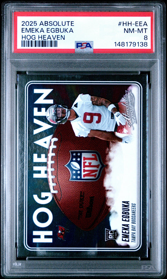 PSA-graded trading card in clear plastic slab showing Emeka Egbuka in white Tampa Bay Buccaneers uniform number 9 against red football background.