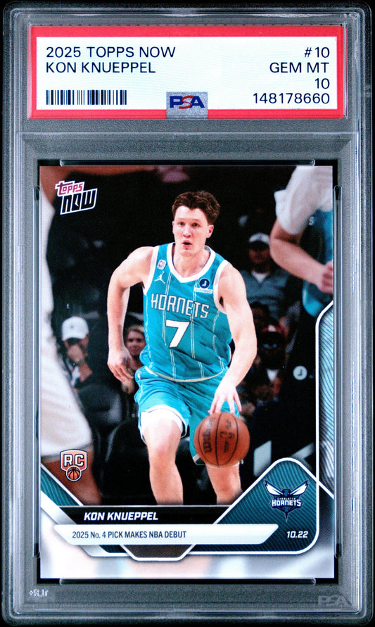 PSA-graded 2025 Topps Now basketball card featuring Kon Knueppel in Charlotte Hornets blue jersey, encased in clear plastic holder with red label.