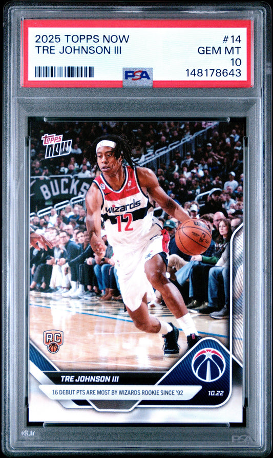 PSA-graded trading card in clear case showing Tre Johnson III in Washington Wizards uniform dribbling basketball during game.